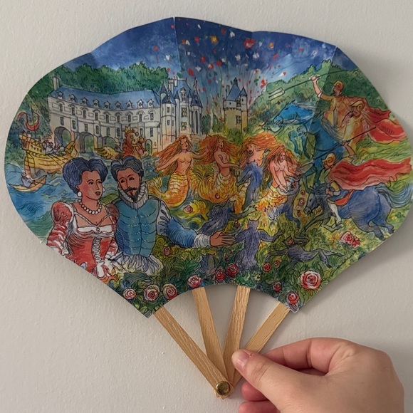 English Colorful Handheld Fan with Medieval Scene - Picture 1 of 8